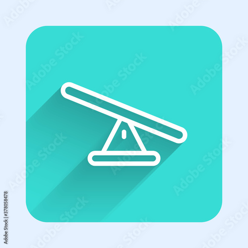 White line Seesaw icon isolated with long shadow. Teeter equal board. Playground symbol. Green square button. Vector.