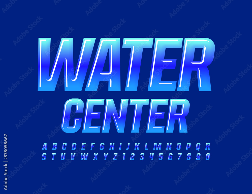 Vector blue banner Water Center. Glossy creative Font. Modern bright Alphabet Letters and Numbers set