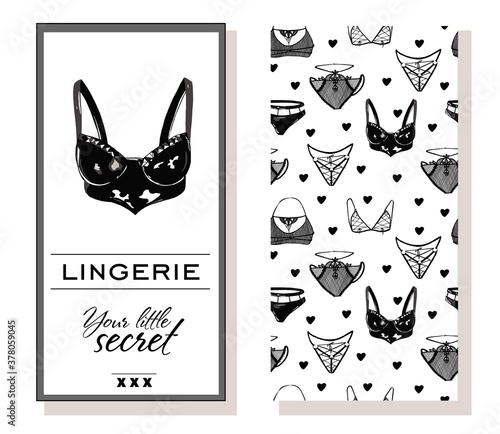 Elegant erotic underwear isolated on white background. Logotype and corporate identity for women's underwear. Pattern and business card