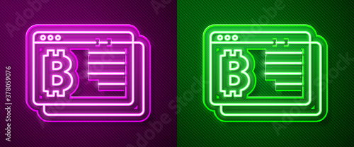 Glowing neon line Cryptocurrency coin Bitcoin icon isolated on purple and green background. Physical bit coin. Blockchain based secure crypto currency. Vector.