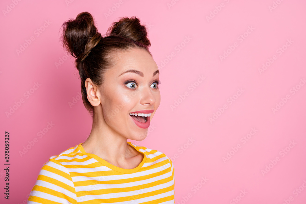 Close-up profile side view portrait of her she nice-looking attractive lovely lovable pretty curious cheerful cheery girl good news reaction isolated on pink pastel color background