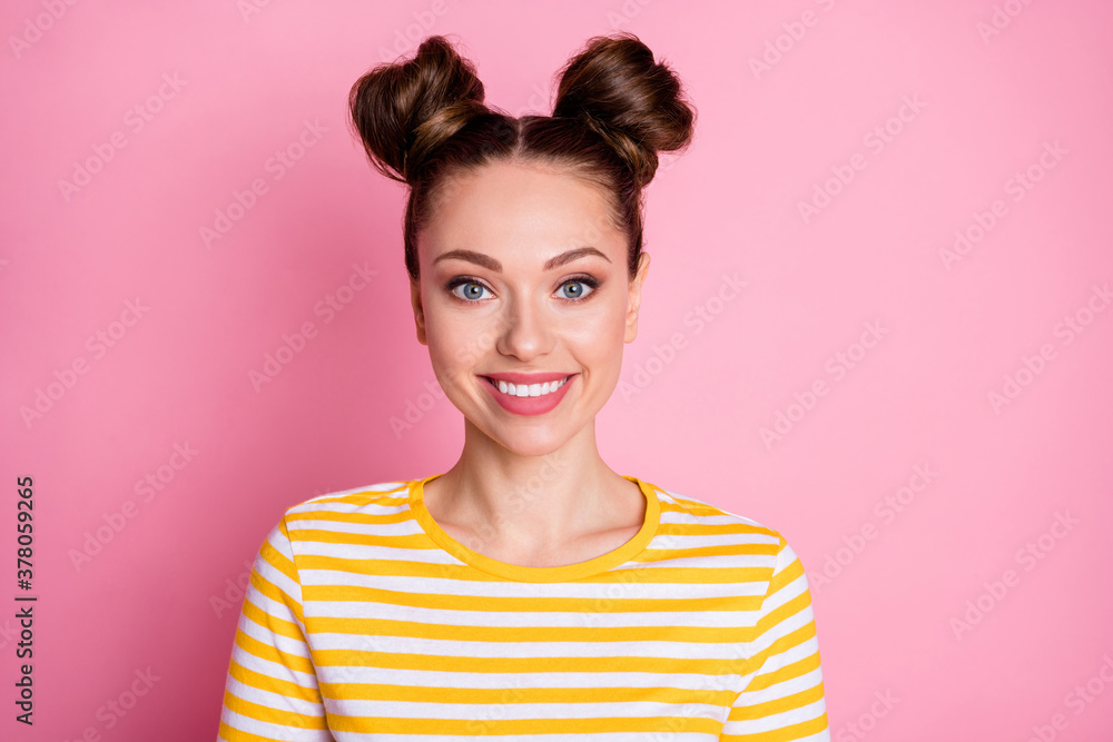 Close-up portrait of her she nice-looking attractive lovely pretty charming shine cute funky cheerful cheery girl wearing casual striped t-shirt isolated on pink pastel color background Close-up portrait of her she nice-looking attractive lovely pretty charming shine cute funky cheerful cheery girl wearing casual striped t-shirt isolated on pink pastel color background