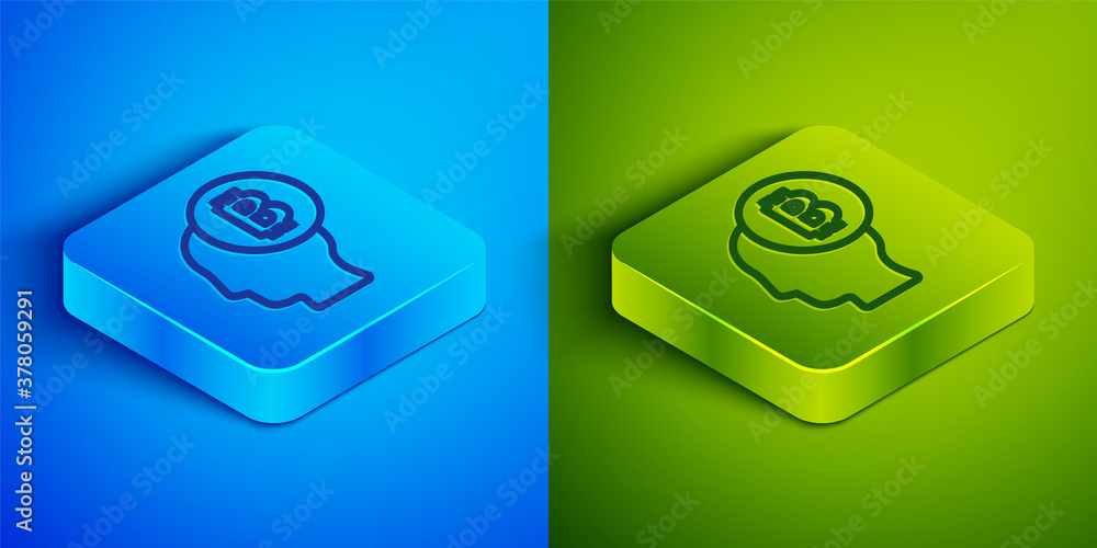 Isometric line Bitcoin think icon isolated on blue and green background. Cryptocurrency head. Blockchain technology, digital money market, cryptocoin wallet. Square button. Vector. Isometric line Bitcoin think icon isolated on blue and green background. Cryptocurrency head. Blockchain technology, digital money market, cryptocoin wallet. Square button. Vector.