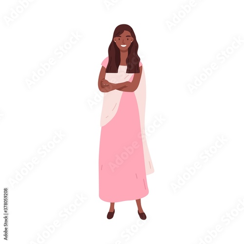 Smiling dark skin woman in traditional elegant sari dress vector flat illustration. Happy indian female standing with crossed hands isolated on white. Joyful person in stylish clothes or summer outfit