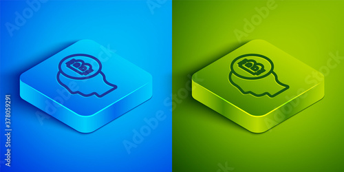 Isometric line Bitcoin think icon isolated on blue and green background. Cryptocurrency head. Blockchain technology, digital money market, cryptocoin wallet. Square button. Vector.