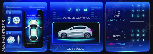 Mobile car service application design. Car settings management via mobile application. Modern smart car control system. Autonomous diagnostics and road scanning. Menu with vehicle data and parameters