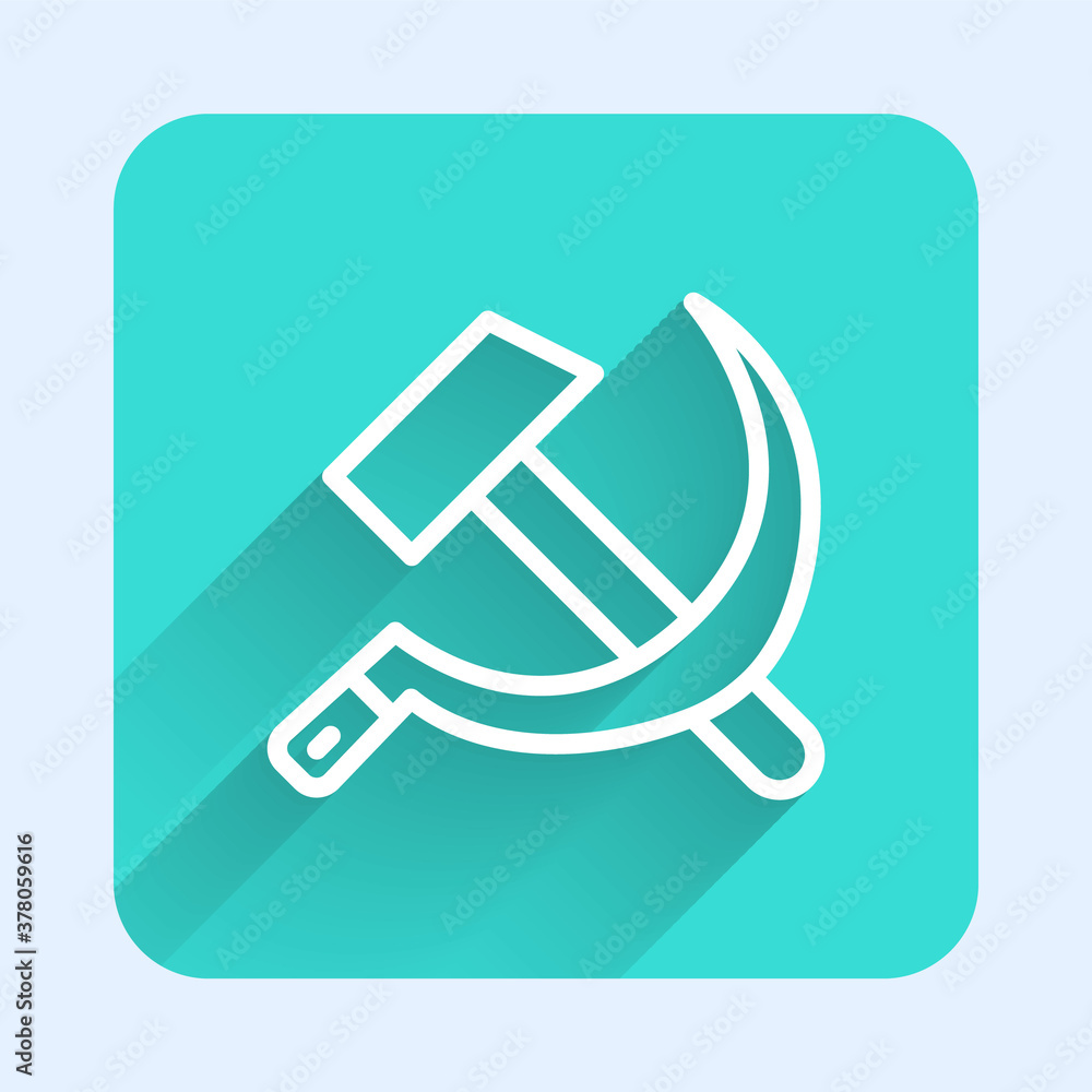White line Hammer and sickle USSR icon isolated with long shadow. Symbol Soviet Union. Green square button. Vector. White line Hammer and sickle USSR icon isolated with long shadow. Symbol Soviet Union. Green square button. Vector.