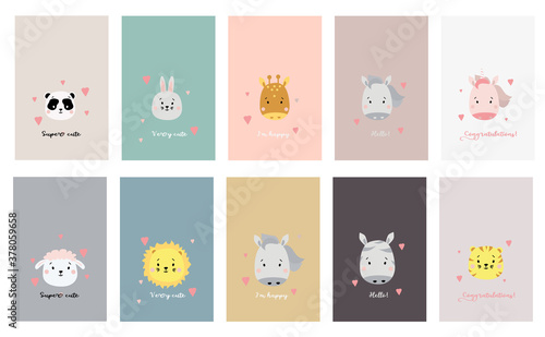 A large set of cards with cute animals and quotes. Funny drawings of animals - panda and giraffe, hare and sheep, horse and unicorn, lion, tiger and zebra. Vector illustration