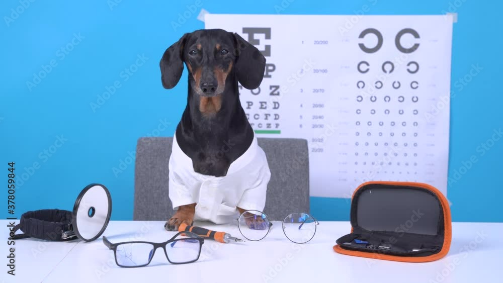 Funny dachshund dog ophthalmologist in doctors costume with glasses for