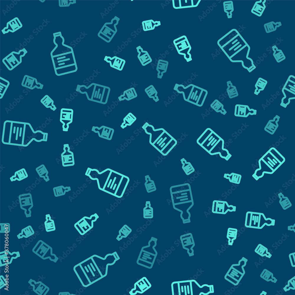 Green line Tequila bottle icon isolated seamless pattern on blue background. Mexican alcohol drink. Vector. Green line Tequila bottle icon isolated seamless pattern on blue background. Mexican alcohol drink. Vector.