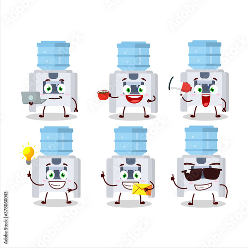 Water cooler cartoon character with various types of business emoticons