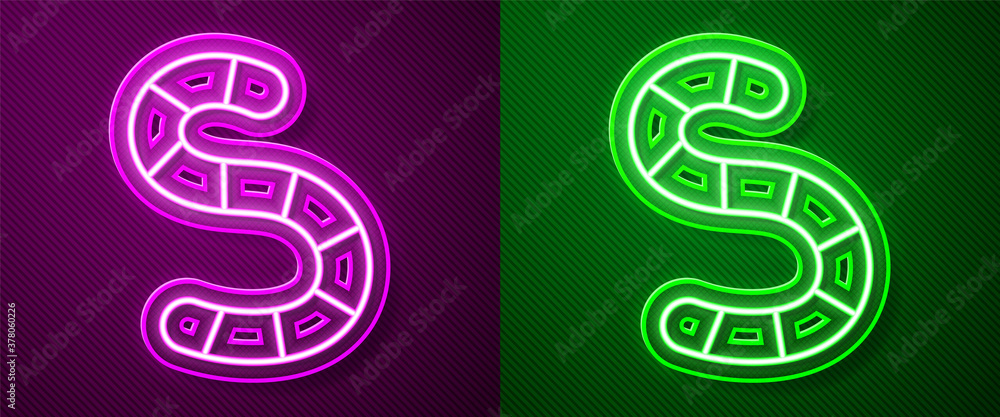 Glowing neon line Worm icon isolated on purple and green background. Fishing tackle. Vector. Glowing neon line Worm icon isolated on purple and green background. Fishing tackle. Vector.