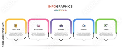Concept of shopping process with 5 successive steps. Five colorful graphic elements. Timeline design for brochure, presentation, web site. Infographic design layout.