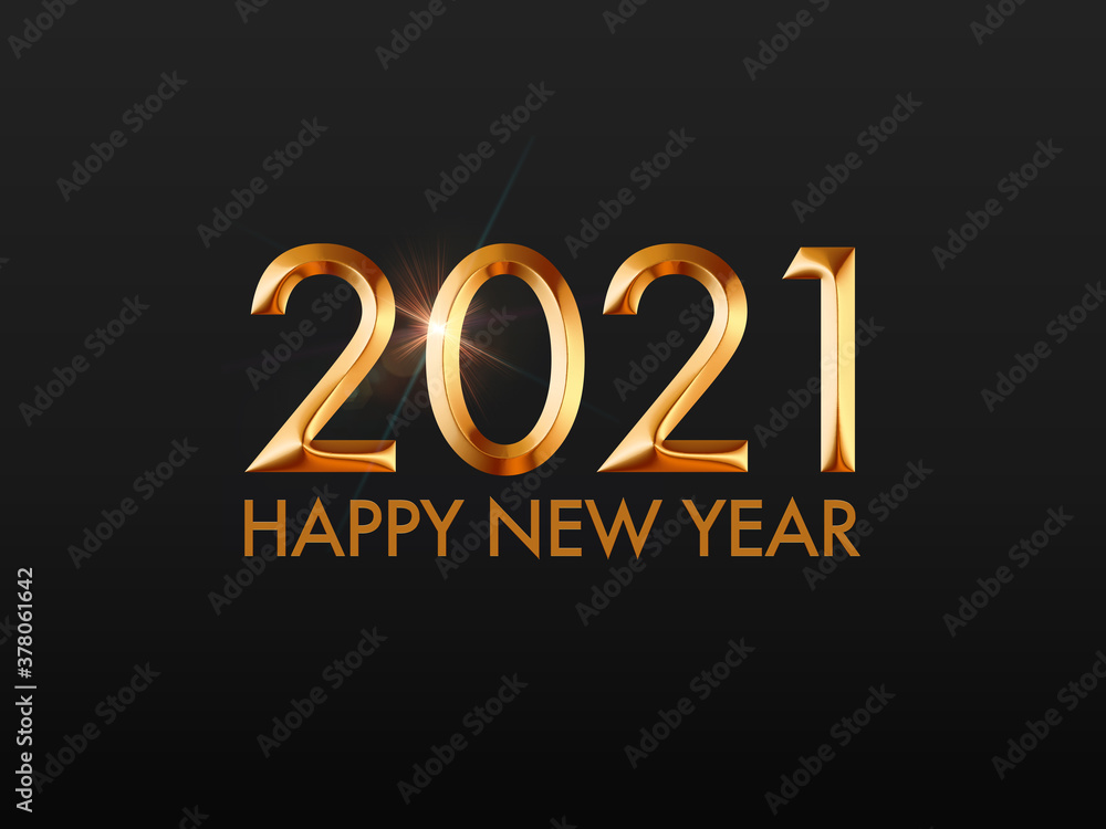 Golden Happy New Year 2021 on Black Colour Background 3d Illustration, 3D rendering typography