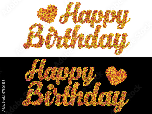 Happy Birthday 3d rendering by autumn leaves on white and black isolated, 3D illustration