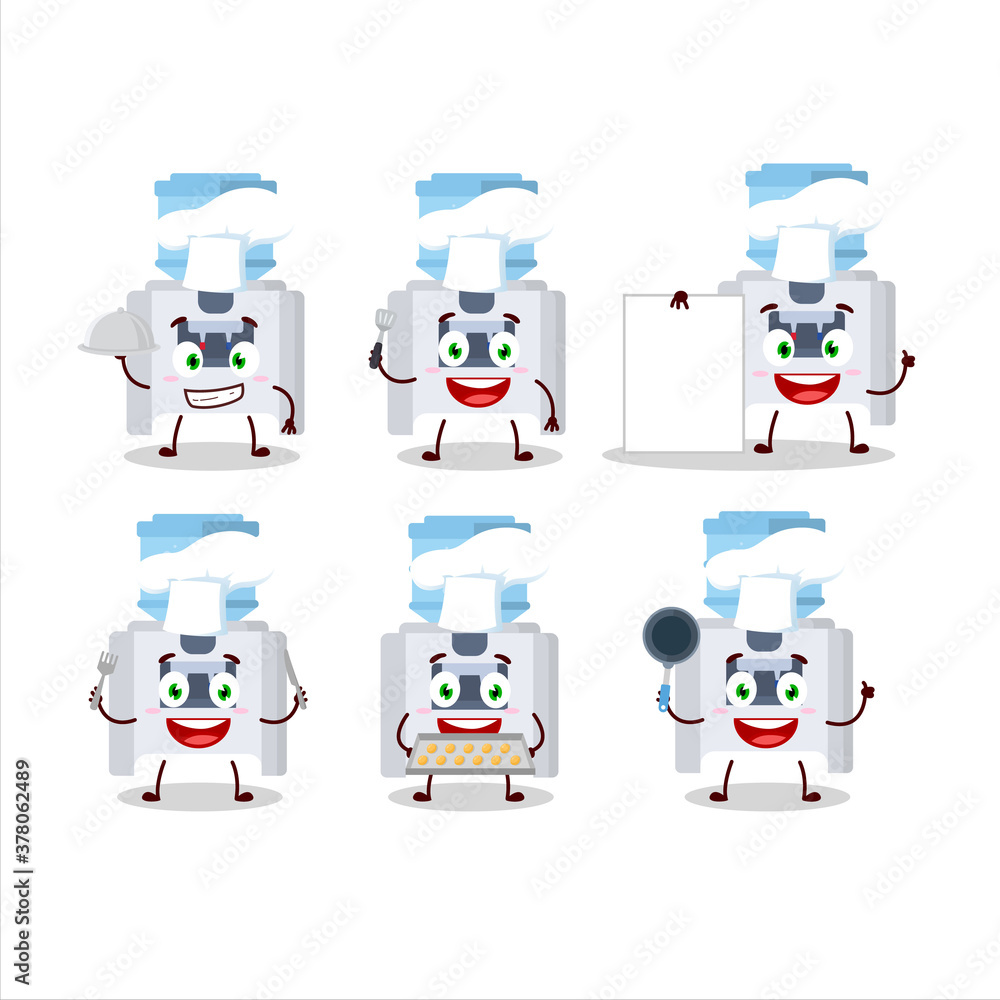 Cartoon character of water cooler with various chef emoticons Cartoon character of water cooler with various chef emoticons