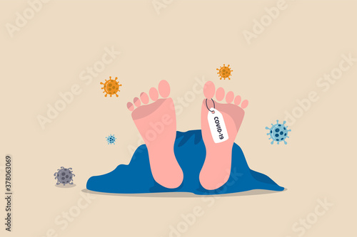 Coronavirus death toll, COVID-19 pandemic causing people die with pneumonia lung infection concept, people who pass away with Coronavirus with COVID-19 tag on feet and virus pathogen.