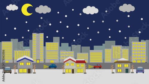 雪が降る住宅街の夜景 街並み イラスト