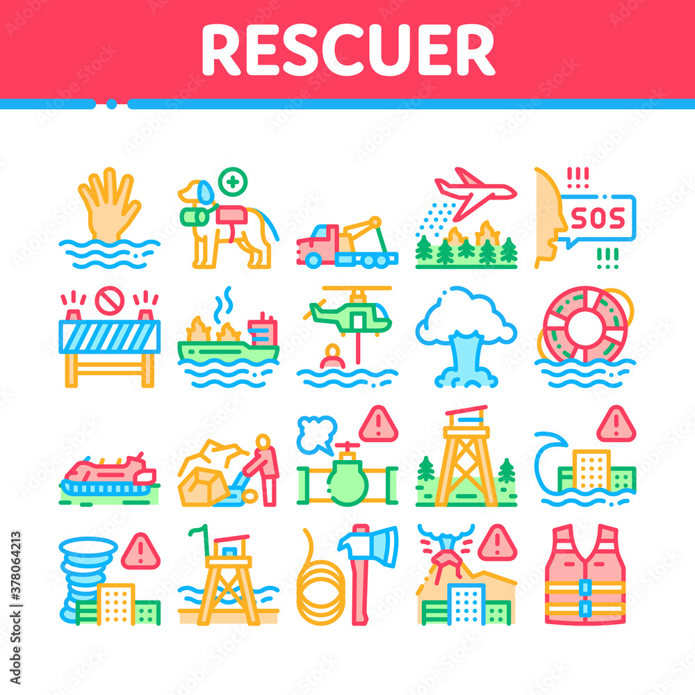 Rescuer Equipment Collection Icons Set Vector. Rescue Dog And Truck, Helicopter And Lifebuoy, Tornado And Tsunami, Ship Fire And Explosion Concept Linear Pictograms. Color Illustrations