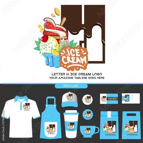 Letter H Delicious Chocolate Ice Cream Cup Logo on White Background for Ice Cream Shop with Brand Identity Include Shirt. Apron. Hat. Cup. Pin. Glass. Business Card. Paper Bag
