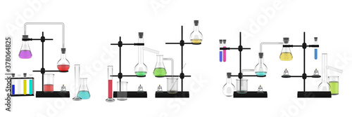 Realistic flasks mockup set. Colletion template of realism style drawn chemical equipment ingredients liquids reagents acids. Medical scientific laboratory experiment and tests analysis illustration.