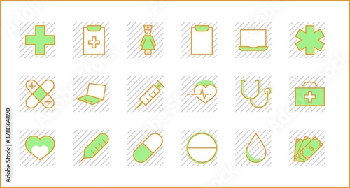 Set of Medicine vector line icons. It contains the first aid kit, nurse, syringe, thermometer, plastic, pills, heart, drop of blood, palpitation and much more. Editable Stroke. 32x32 pixels.