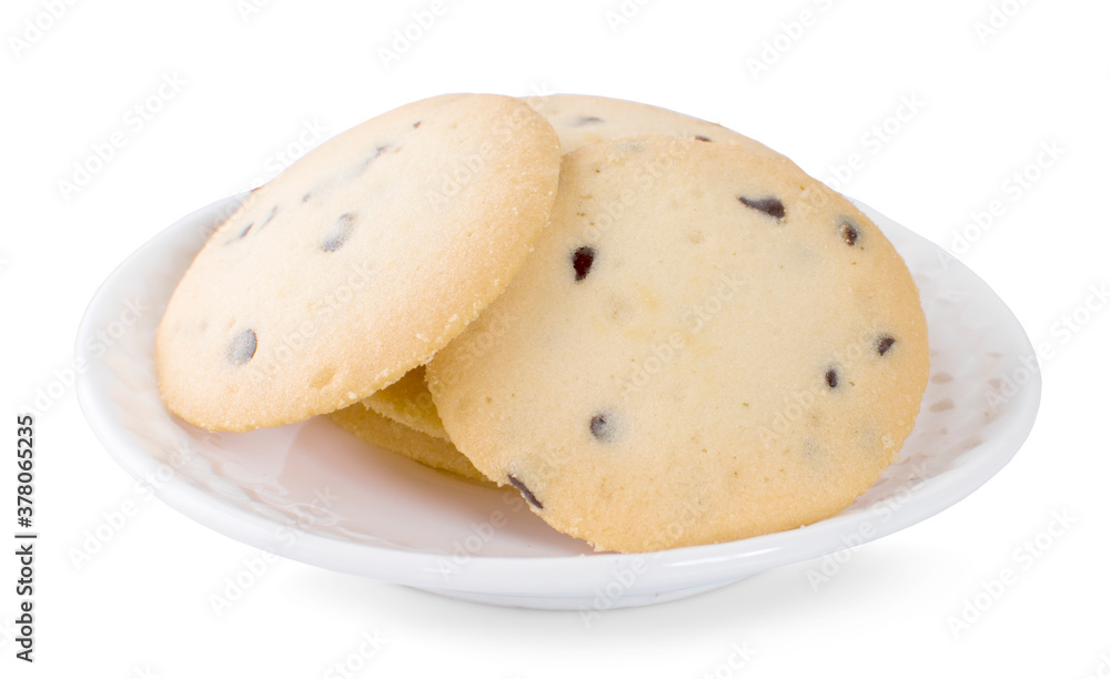 Chocolate chip cookie in plate isolated on white background Chocolate chip cookie in plate isolated on white background