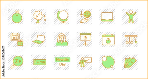 Newton's Day Set Line Vector Icon. Contains such Icons as Newton, Laws of physics and gravity, Flying Apple, Calendar, Teacher, blackboard and projector Editable Stroke. 32x32 Pixel Perfect