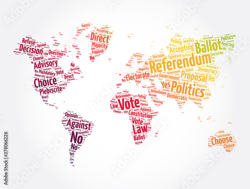 Referendum word cloud in shape of world map  concept background