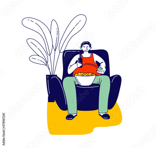 Laziness, Degradation, Unhealthy Eating Bad Habit Concept. Fat Lazy Man Character Sit on Armchair at Home with Fast Food