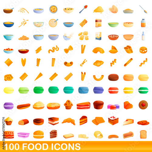 100 food icons set. Cartoon illustration of 100 food icons vector set isolated on white background