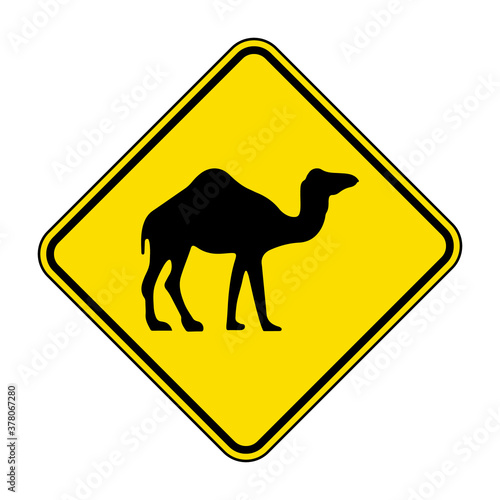 Camel road sign. Vector illustration of yellow diamond shaped traffic sign with camel icon inside. Camels crossing warning symbol isolated on white background. Australian animal sign.