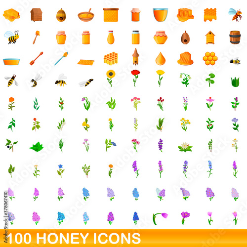 100 honey icons set. Cartoon illustration of 100 honey icons vector set isolated on white background