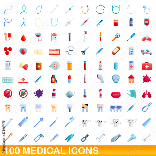 100 medical icons set. Cartoon illustration of 100 medical icons vector set isolated on white background
