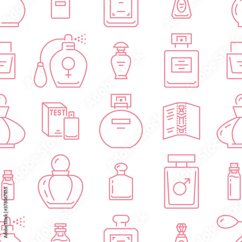 Perfume bottles seamless pattern with line icons. Vector background illustration, pink white icon - glass sprayer, luxury parfum sampler, essential oil, cologne wallpaper for cosmetic store