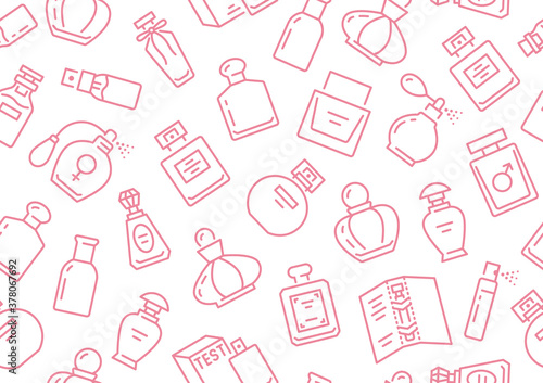 Perfume bottles seamless pattern with line icons. Vector background illustration included icon as glass sprayer, luxury parfum sampler, essential oil, cologne pink white wallpaper for cosmetic store