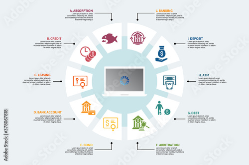 Infographic Banking template. Icons in different colors. Include Absorption, Credit, Leasing, Bank Account and others.