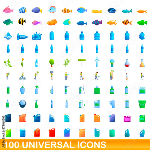100 universal icons set. Cartoon illustration of 100 universal icons vector set isolated on white background