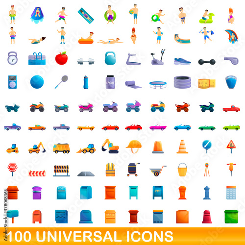 100 universal icons set. Cartoon illustration of 100 universal icons vector set isolated on white background