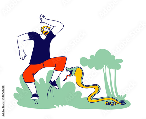 Cobra Attack Frightened Man. Character is Attacked with Snake, Wild Animal Danger during Traveling or Outdoor Recreation