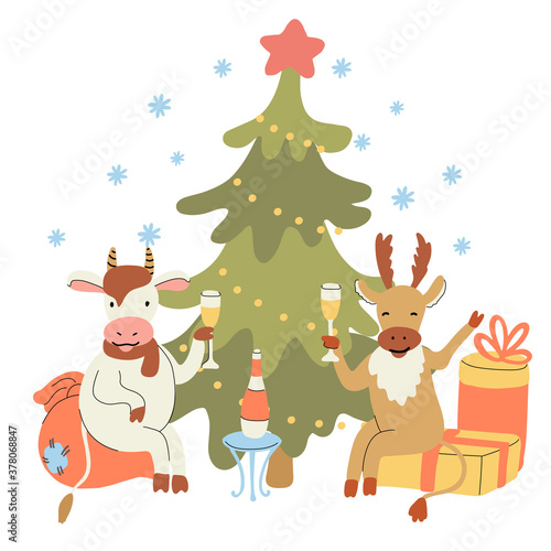 New Year or Christmas card with gift boxes, christmas tree and cute cheerful bull and deer drinking champagne. Year of ox 2021. Hand drawn lettering. Vector illustration isolated on white background