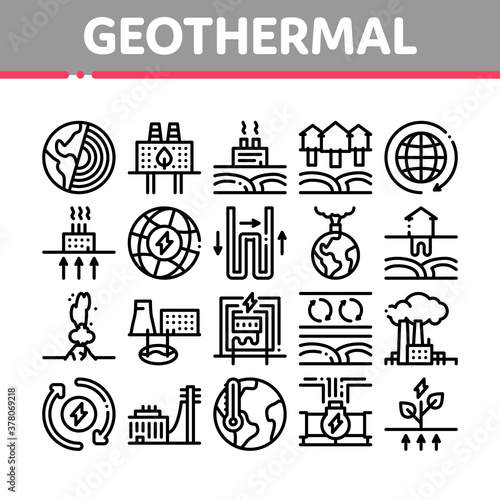 Geothermal Energy Collection Icons Set Vector. Geothermal Electricity Factory And House Heat Equipment, Geyser And Earth Temperature Concept Linear Pictograms. Monochrome Contour Illustrations
