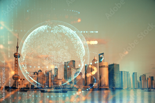 Photography Map and data theme hologram on city view with skyscrapers background double exposure