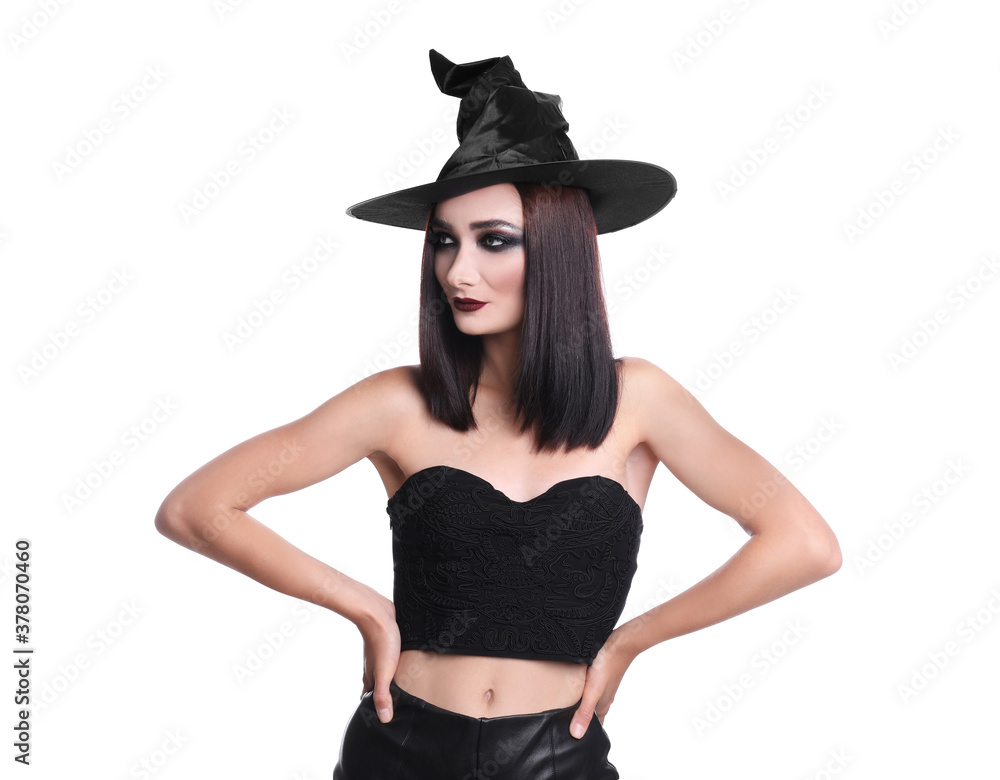 Mysterious witch wearing hat on white background Mysterious witch wearing hat on white background