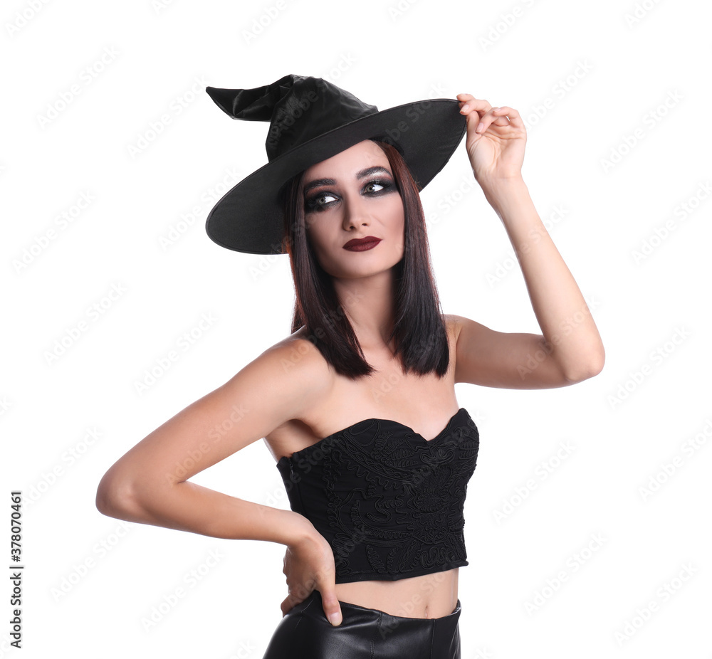 Mysterious witch wearing hat on white background Mysterious witch wearing hat on white background