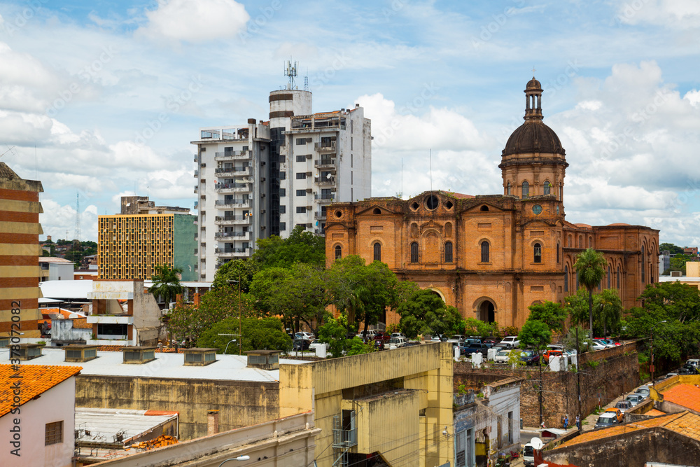 View on central streets with colorful architecture in Asuncion in Paraguay