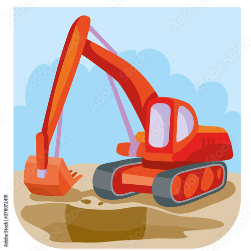 illustration of cartoon red excavator at construction site, vector illustration,