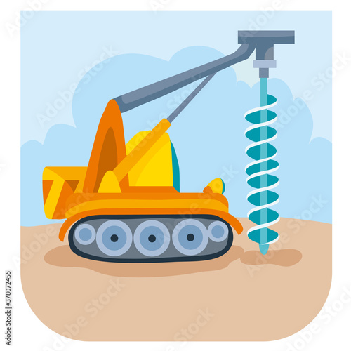 illustration of a cartoon construction drill drills something at a construction site, vector illustration,