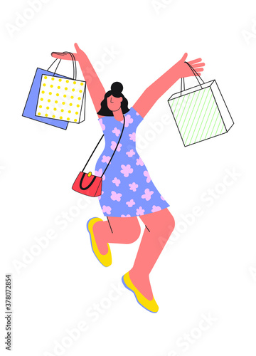 Young happy cheerful woman, girl cartoon character jumping with shop bags. Shopping, purchase, consumerism  concept. Flat line art geometric style in bright colors. Vector illustration.