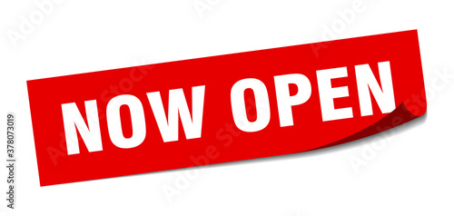now open sticker. square isolated label sign. peeler